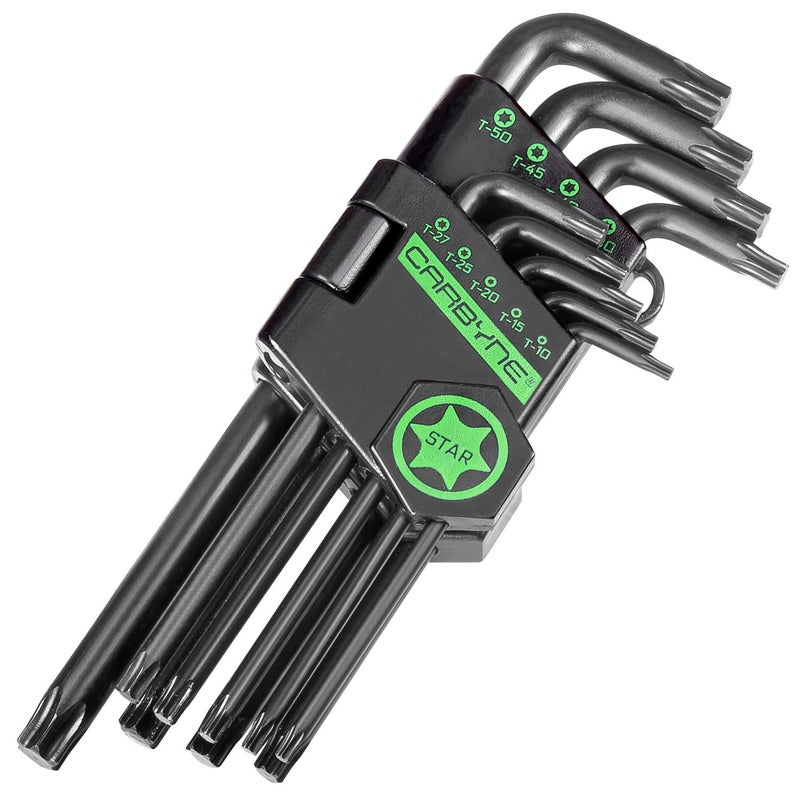 Carbyne 9-Piece Long Arm Torx Wrench Set (Torx Key Set/Star Wrench Set). Includes T-10 to T-50. Heat Treated S2 Steel - Image 1